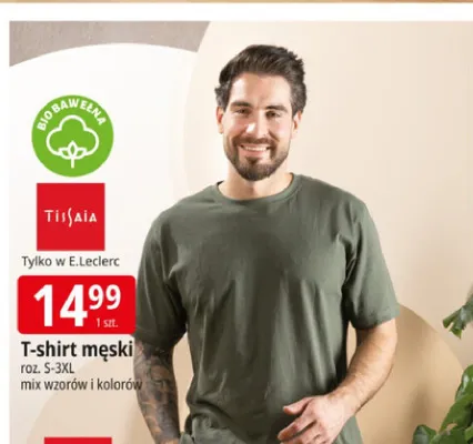 T-shirt męski Tissaia bio bawełna roz. S-3XL mix wzorów i kolorów promocja w Leclerc