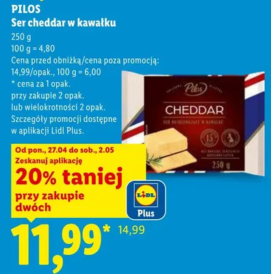 Ser cheddar w kawałku Pilos promocja w Lidl