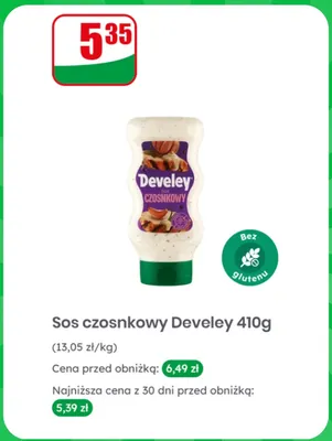Sos czosnkowy Develey bez glutenu promocja w Dino