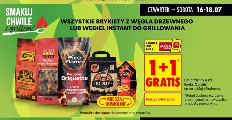 Brykiety z węgla drzewnego lub węgiel instant do grillowania promocja w Biedronka