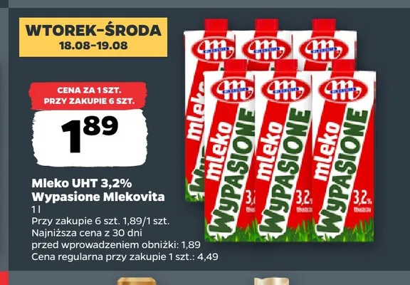 Mleko UHT Wypasione Mlekovita 3,2% promocja w Netto