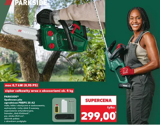 Spalinowa piła ogrodnicza PBBPS 25 A2 mała, lekka i elastyczna w zastosowaniu, wytrzymały i cichy silnik 2-suwowy, wyposażenie antywibracyjne, hamulec Anti-Kickback, poj. silnika 25,4 cm3, zbiornik paliwa z okienkiem podglądu promocja w Kaufland