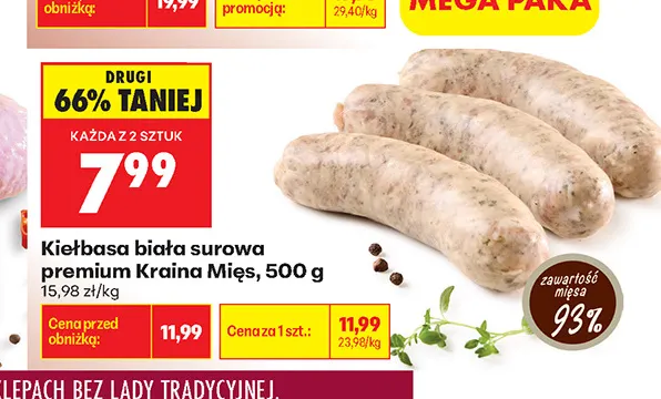 Kiełbasa biała surowa premium Kraina Mięs promocja w Biedronka