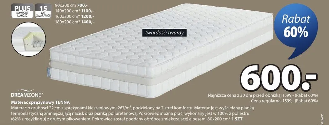 Materac sprężynowy Tenna materac o grubości 26cm z sprężynami kieszeniowymi promocja w Jysk