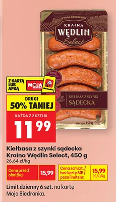Kiełbasa z szynki sądecka Kraina Wędlin Select promocja w Biedronka