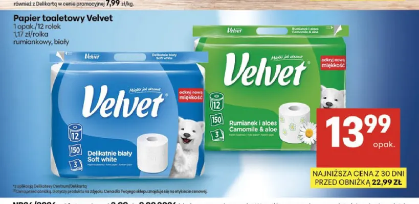 Papier toaletowy Velvet delikatnie biały 12-pak promocja w Delikatesy Centrum