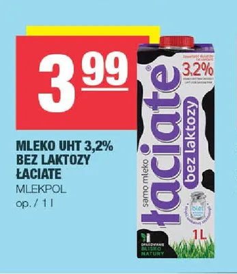 Mleko UHT bez laktozy Łaciate Mlekpol 3,2% promocja w SPAR