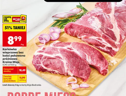 Karkówka wieprzowa bez kości pakowana próżniowo Kraina Mięs promocja w Biedronka