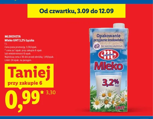 Mleko UHT Łączka Mlekovita 3,2% promocja w Lidl