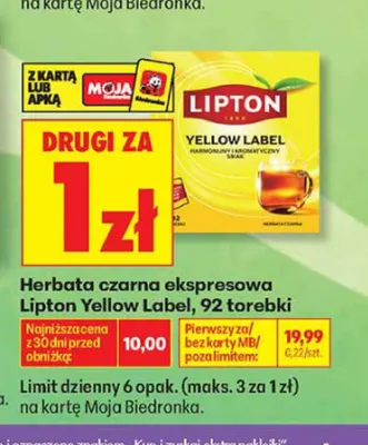 Herbata czarna ekspresowa Lipton Yellow Label promocja w Biedronka
