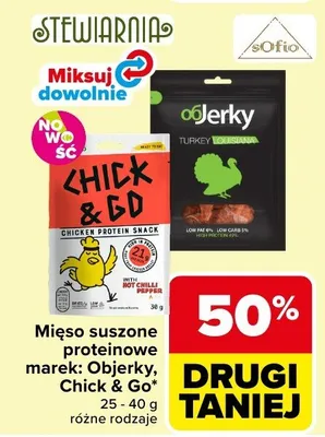Mięso suszone proteinowe marek: Objerky, Chick & Go różne rodzaje promocja w Carrefour
