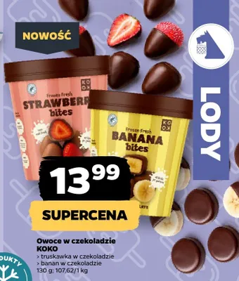 Owoce w czekoladzie truskawka w czekoladzie, banan w czekoladzie promocja w Netto