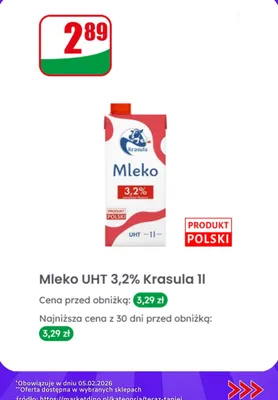 Mleko UHT 3,2% Krasula 1l promocja w Dino