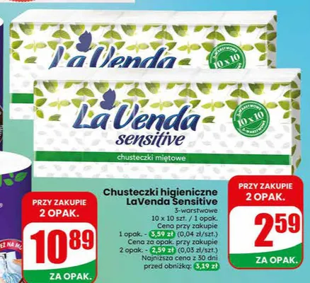 Chusteczki higieniczne LaVenda Sensitive miętowe 10-pak promocja w Dino