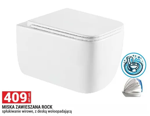 Miska zawieszana Rock spłukiwanie wirowe, z deską wolnoopadającą promocja w Merkury Market