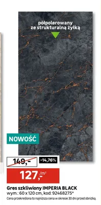 Gres szkliwiony IMPERIA BLACK półpolerowany ze strukturalną żyłką 60x120cm promocja w Leroy Merlin