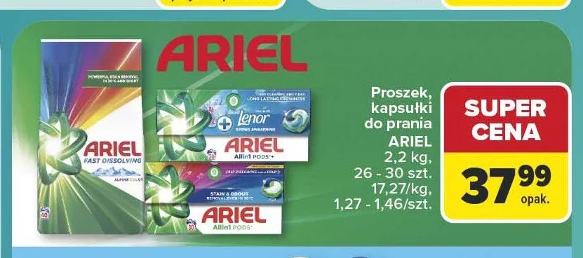 Kapsułki do prania sensitive Lenor all in 1 pods promocja w Carrefour