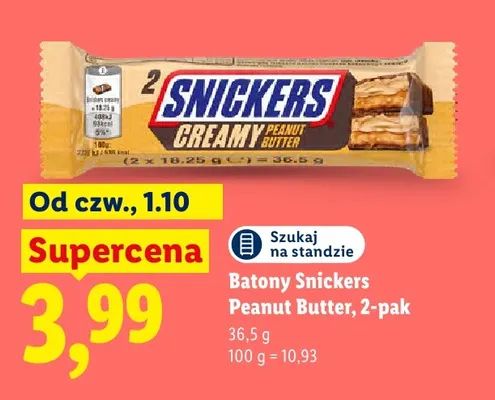 Batony Snickers Creamy Peanut Butter 2-pak promocja w Lidl