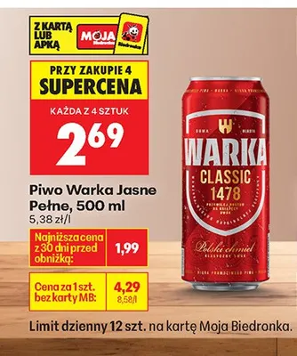 Piwo Warka jasne pełne promocja w Biedronka