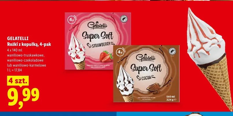 Rożki z kopułką Gelatelli waniliowo-czekoladowe 4-pak 140ml promocja w Lidl