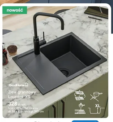 Zlew granitowy GoodHome Lourdes XS czarny dł. 58 x szer. 44 x gł. 19,5cm promocja w Castorama