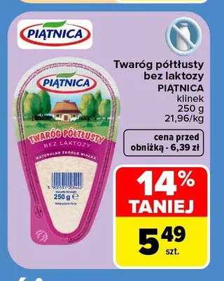 Twaróg półtłusty bez laktozy Piątnica klinek promocja w Carrefour Market