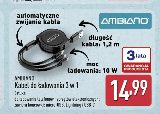 Kabel do ładowania 3 w 1 Ambiano promocja w Aldi