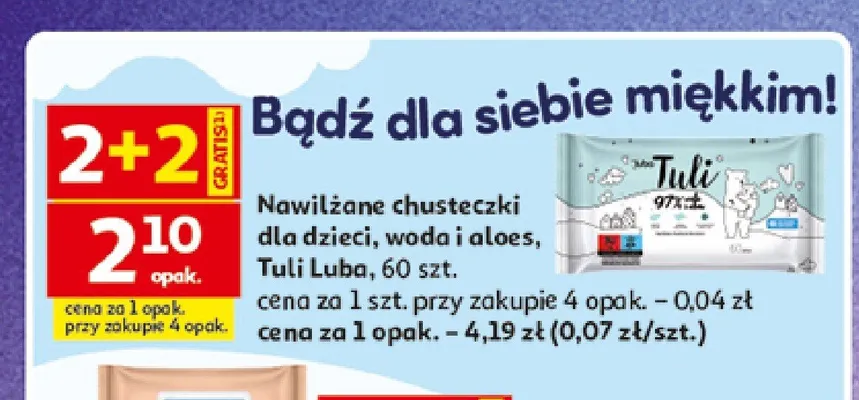 Nawilżane chusteczki dla dzieci Luba Tuli woda i aloes promocja w Auchan