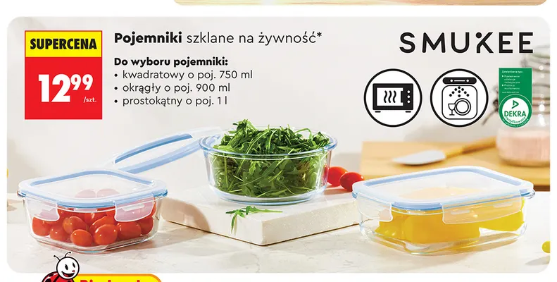 Pojemniki szklane na żywność okrągły o poj. 900 ml Smukee promocja w Biedronka