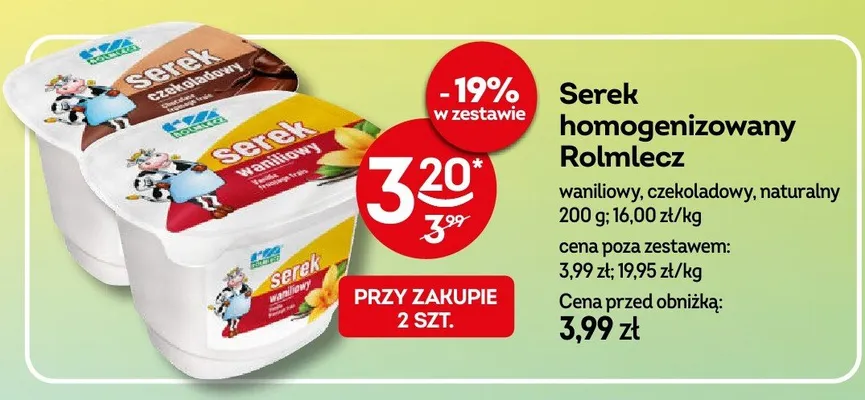 Serek homogenizowany rolnmlecz waniliowy, czekoladowy, naturalny promocja w Żabka