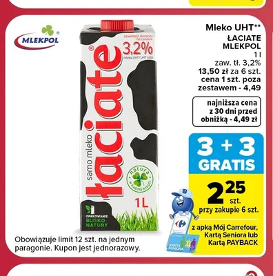 Mleko UHT Łaciate 3,2% promocja w Carrefour Market