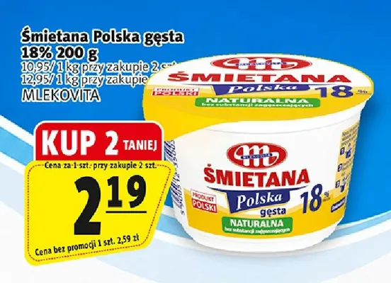 Śmietana Polska gęsta Mlekovita 18% promocja w Prim Market