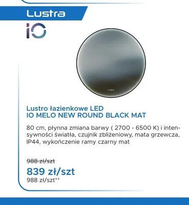 Lustro łazienkowe LED io Melo New Round Black Mat promocja w Blu Salony Łazienek