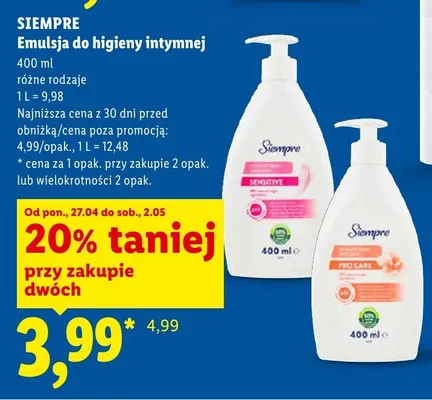 Emulsja do higieny intymnej Siempre promocja w Lidl