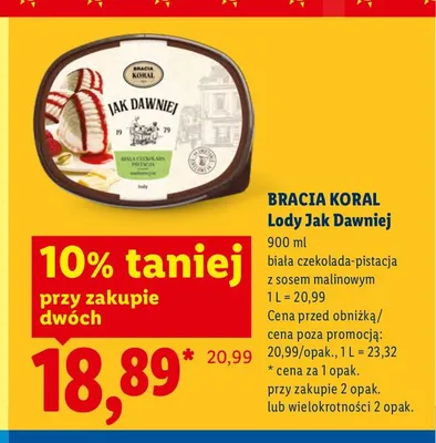 Lody Jak Dawniej biała czekolada-pistacja z sosem malinowym Bracia Koral promocja w Lidl