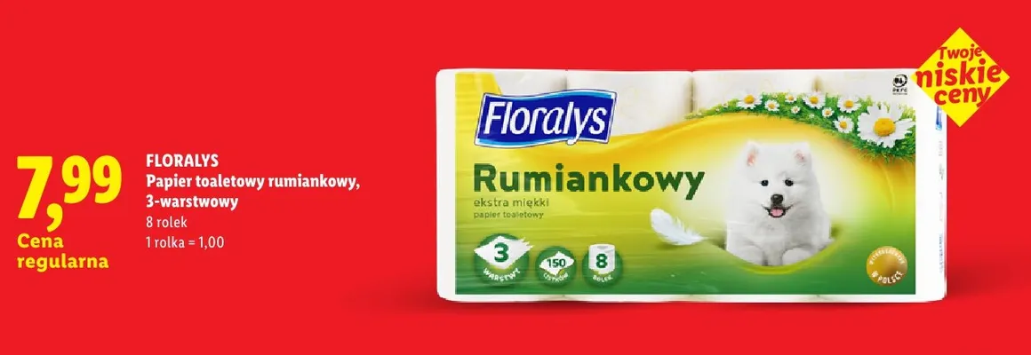 Papier toaletowy rumiankowy 3-warstwowy Floralys 8-pak promocja w Lidl