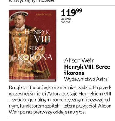 Książka Henryk VIII. Serce i korona Alison Weir oprawa twarda promocja w Empik