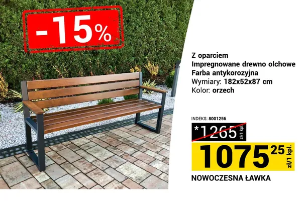 Ławka nowoczesna z oparciem impregnowane drewno olchowe farba antykorozyjna promocja w Merkury Market