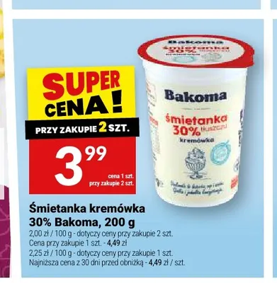 Śmietanka kremówka Bakoma 30% promocja w Twój Market