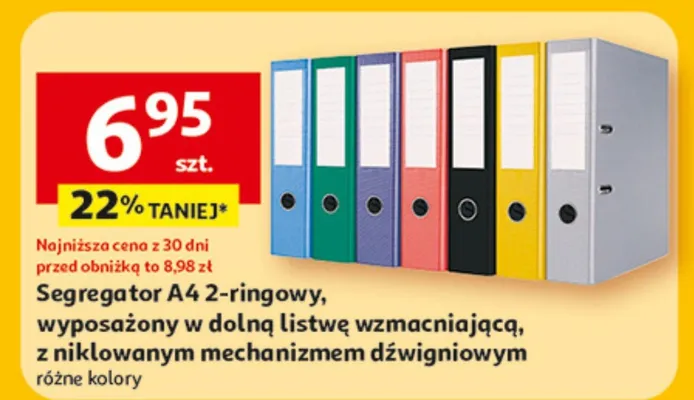 Segregator A4 2-ringowy wyposażony w dolną listwę wzmacniającą z niklowanym mechanizmem dźwigniowym promocja w Auchan
