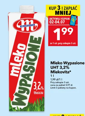 Mleko UHT Wypasione 3,2% Mlekovita promocja w LEWIATAN