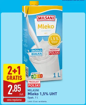 Mleko 1,5% UHT 2+1 GRATIS promocja w Aldi