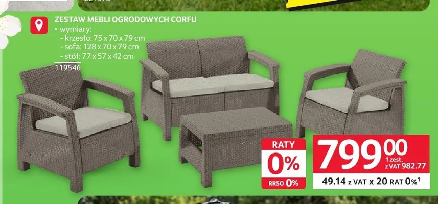 Zestaw mebli ogrodowych Corfu krzesło 75x70x79cm sofa 128x70x79cm stół 77x57x42cm promocja w Selgros