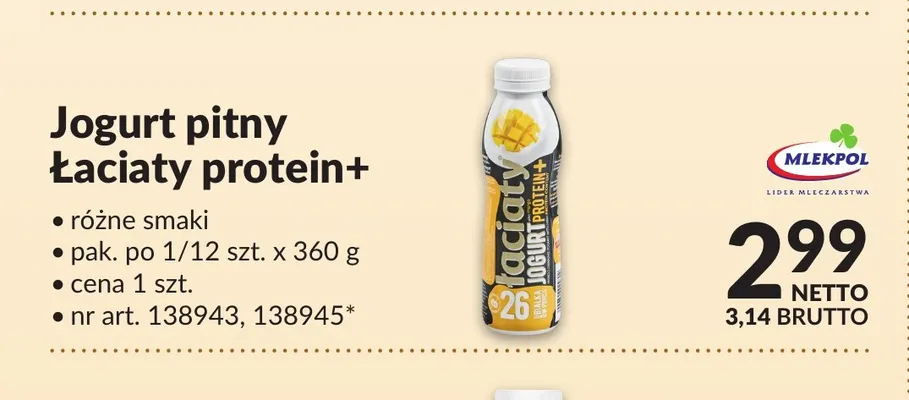 Jogurt pitny Łaciaty protein+ Mlekpol promocja w Makro