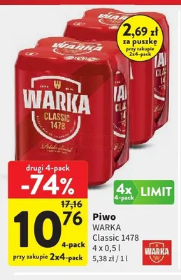 Piwo Warka Classic 1478 4-pak 500ml promocja w Intermarche