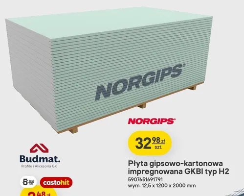 Płyta gipsowo-kartonowa impregnowana GKBI typ H2 Norgips promocja w Castorama