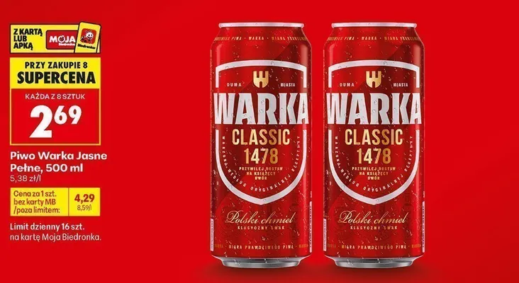 Piwo Warka Jasne Pełne Classic promocja w Biedronka
