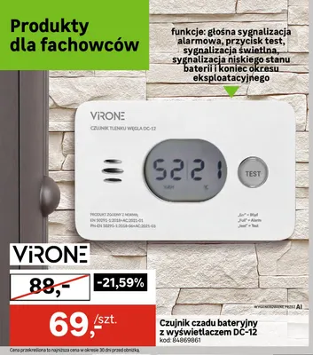 Czujnik czadu bateryjny z wyświetlaczem DC-12 Virone promocja w Leroy Merlin