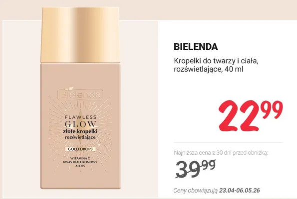 Kropelki do twarzy i ciała rozświetlające Bielenda Flawless Glow Gold Drops promocja w Rossmann