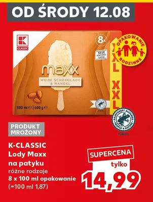 Lody Maxx na patyku biała czekolada z migdałami K-Classic 8-pak promocja w Kaufland